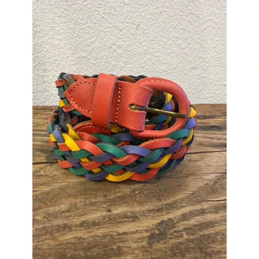 Vintage 90s Rainbow Braided Leather Belt Womens Small Medium Multicolor 35